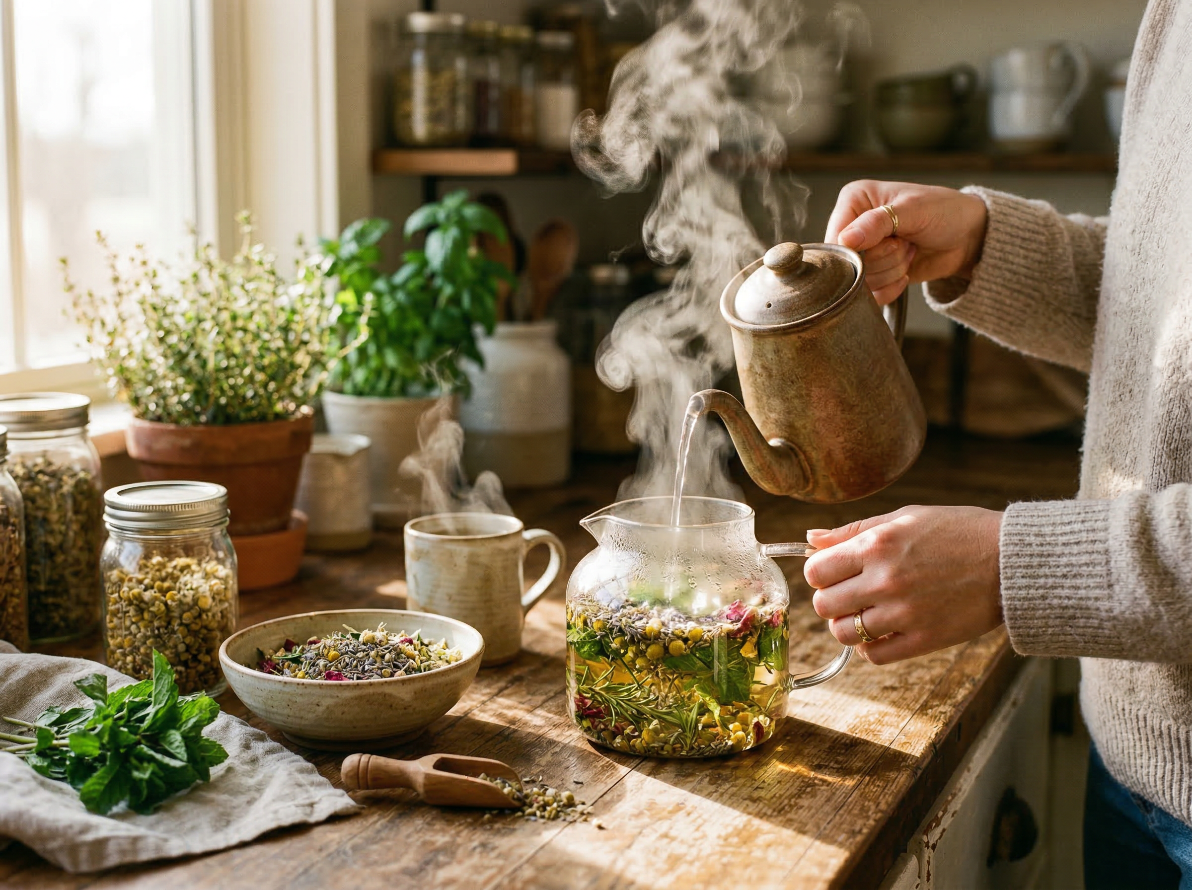 Preparing natural herbal wellness tea
